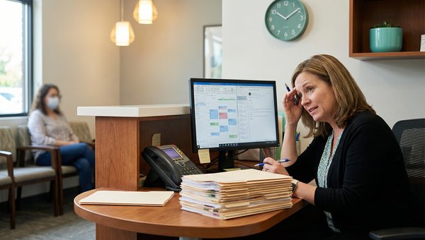 Overwhelmed healthcare administrator at busy front desk