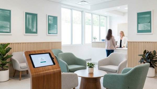 Modern medical clinic with digital check-in kiosk