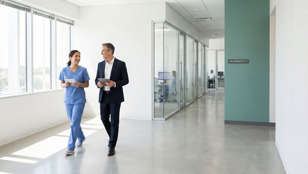 Healthcare professionals collaborating in modern medical facility