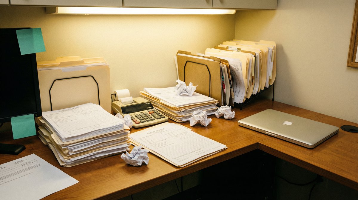 Cluttered medical office desk with stacks of paper forms and patient files