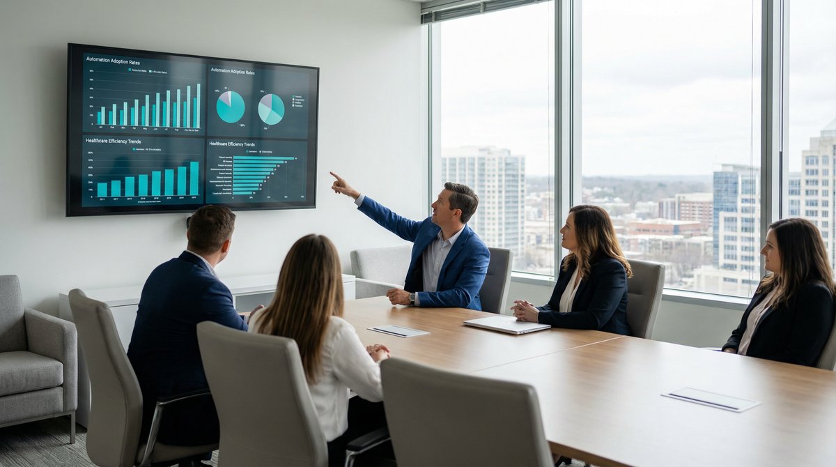 Business professionals reviewing healthcare automation data in conference room